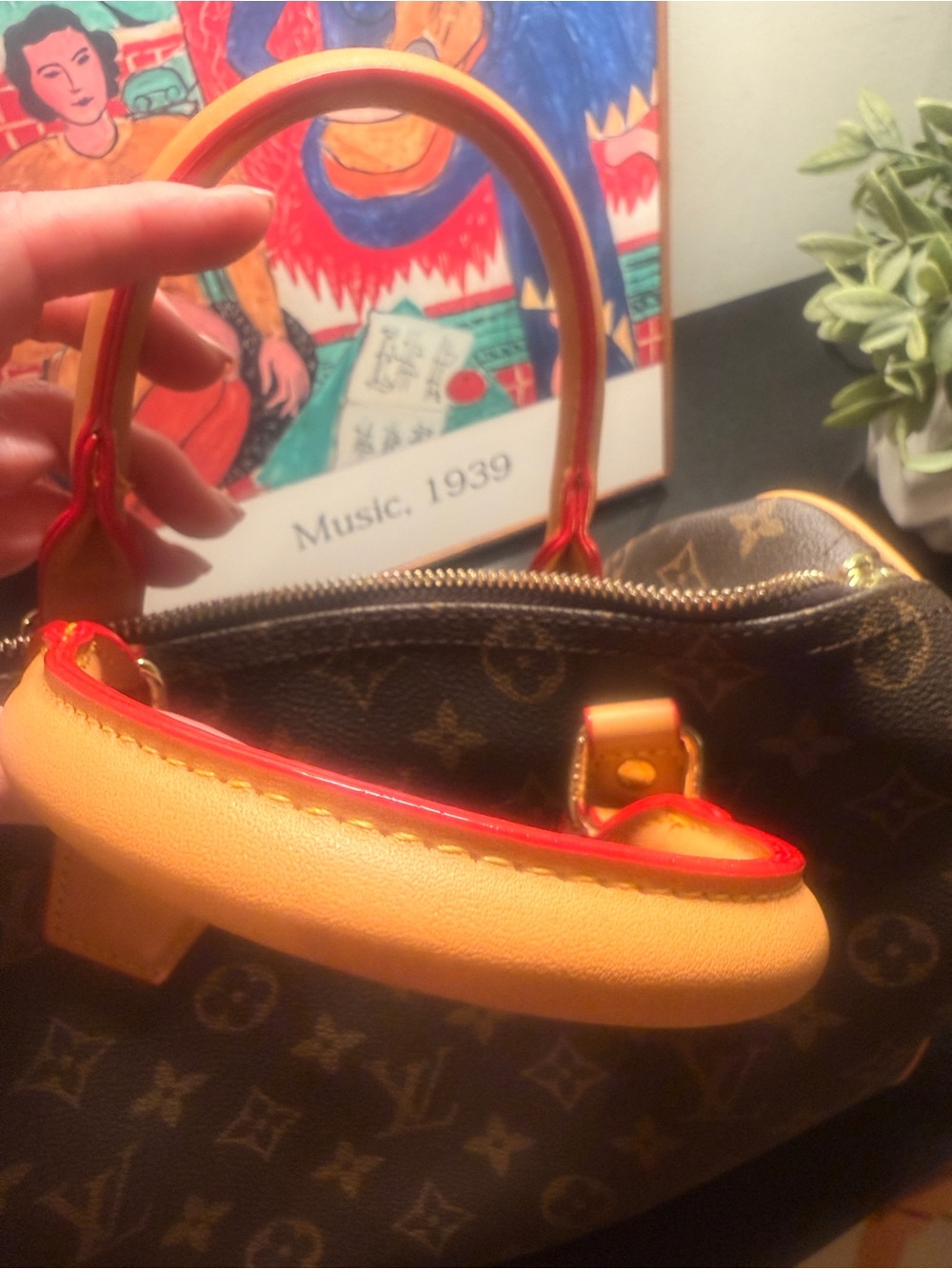 Monogram Satchel with Brown Canvas and Red-Trimmed Handles - Picture 3 of 16